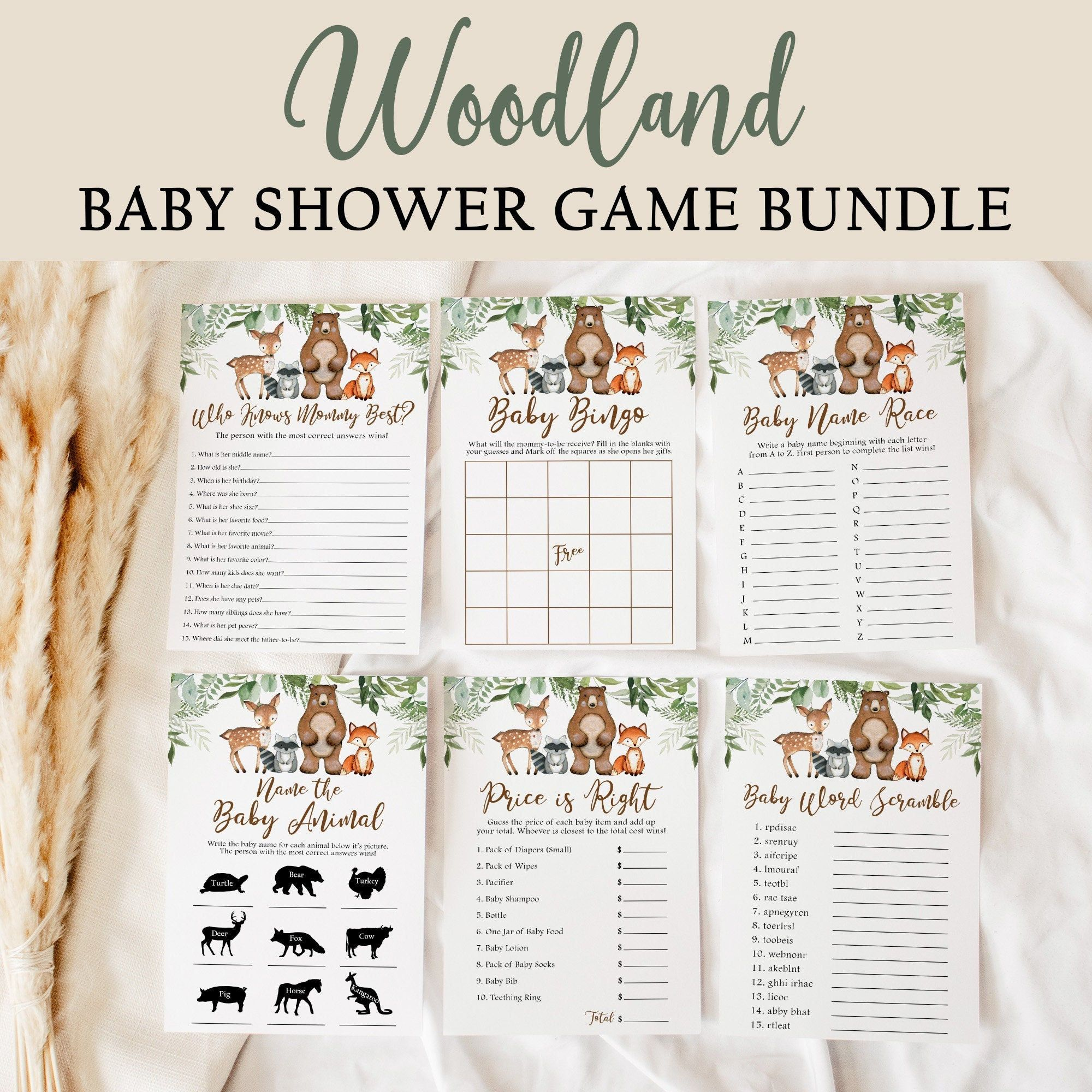 Woodland Baby Shower Games Bundle, Printable Baby Shower Games for Woodland Baby Shower Games Free Printables