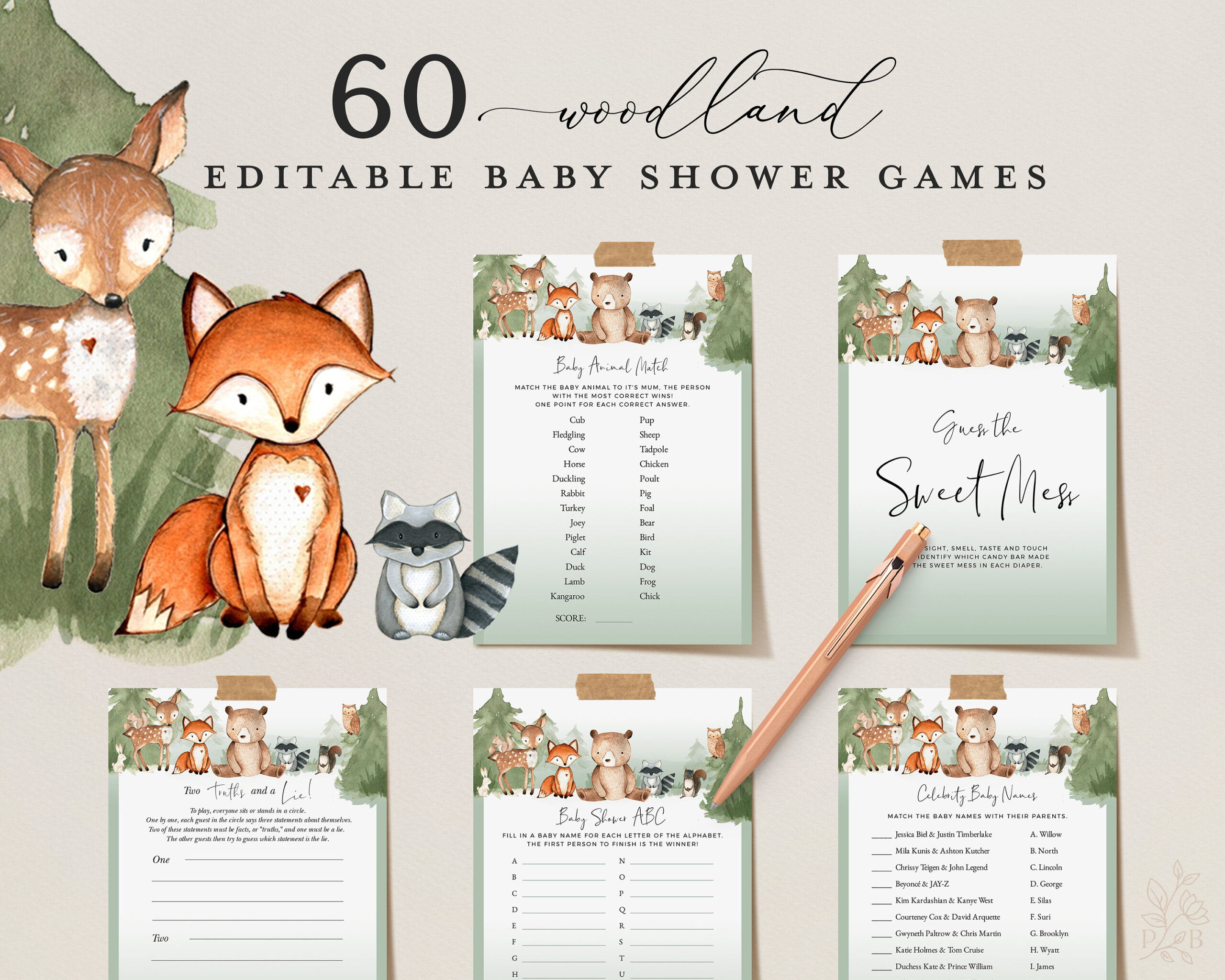 Woodland Editable Baby Shower Games, Printable Animal Baby Shower for Woodland Baby Shower Games Free Printables