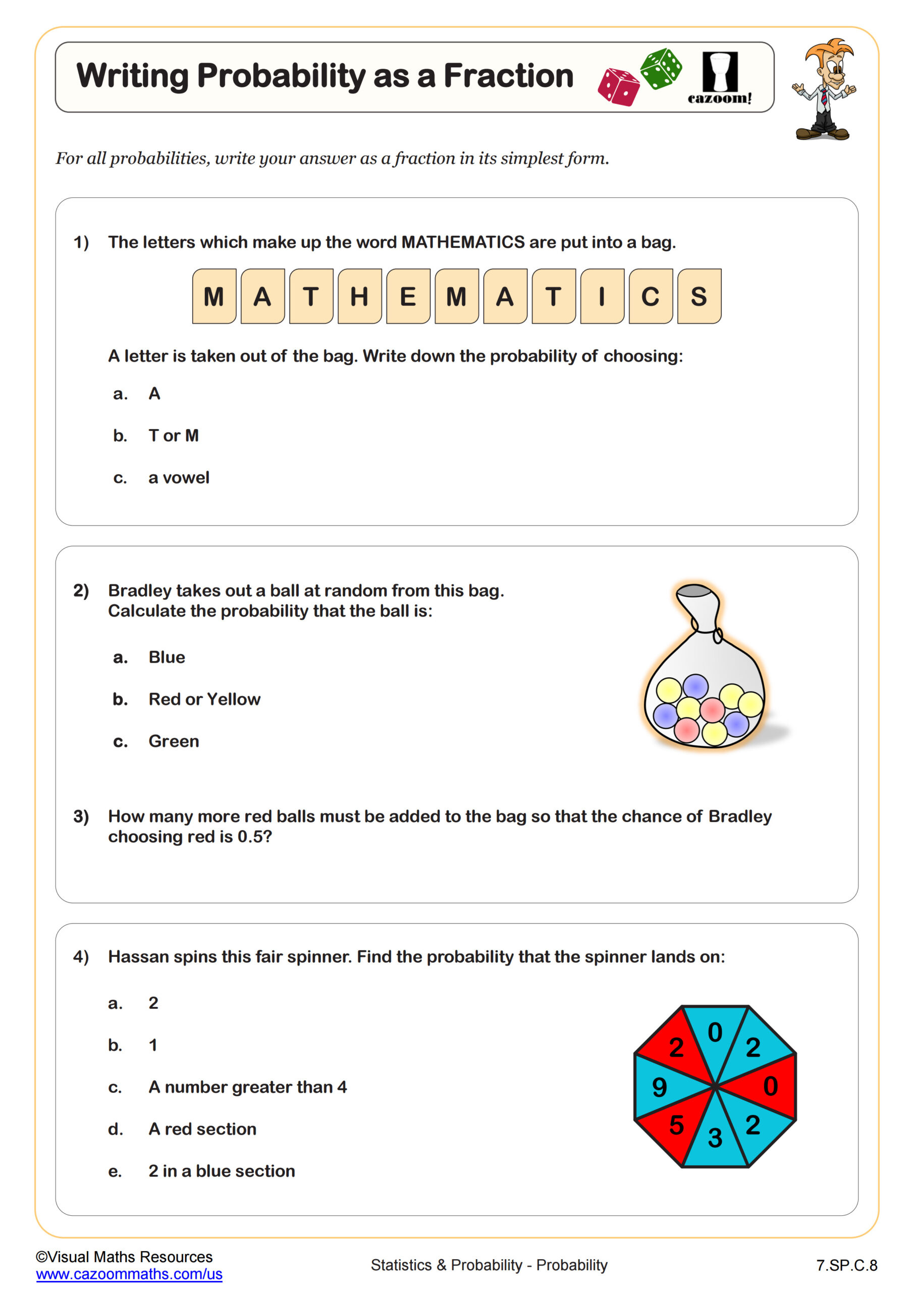 Writing Probability As A Fraction Worksheet | Pdf Printable in Free Printable Probability Worksheets 4Th Grade