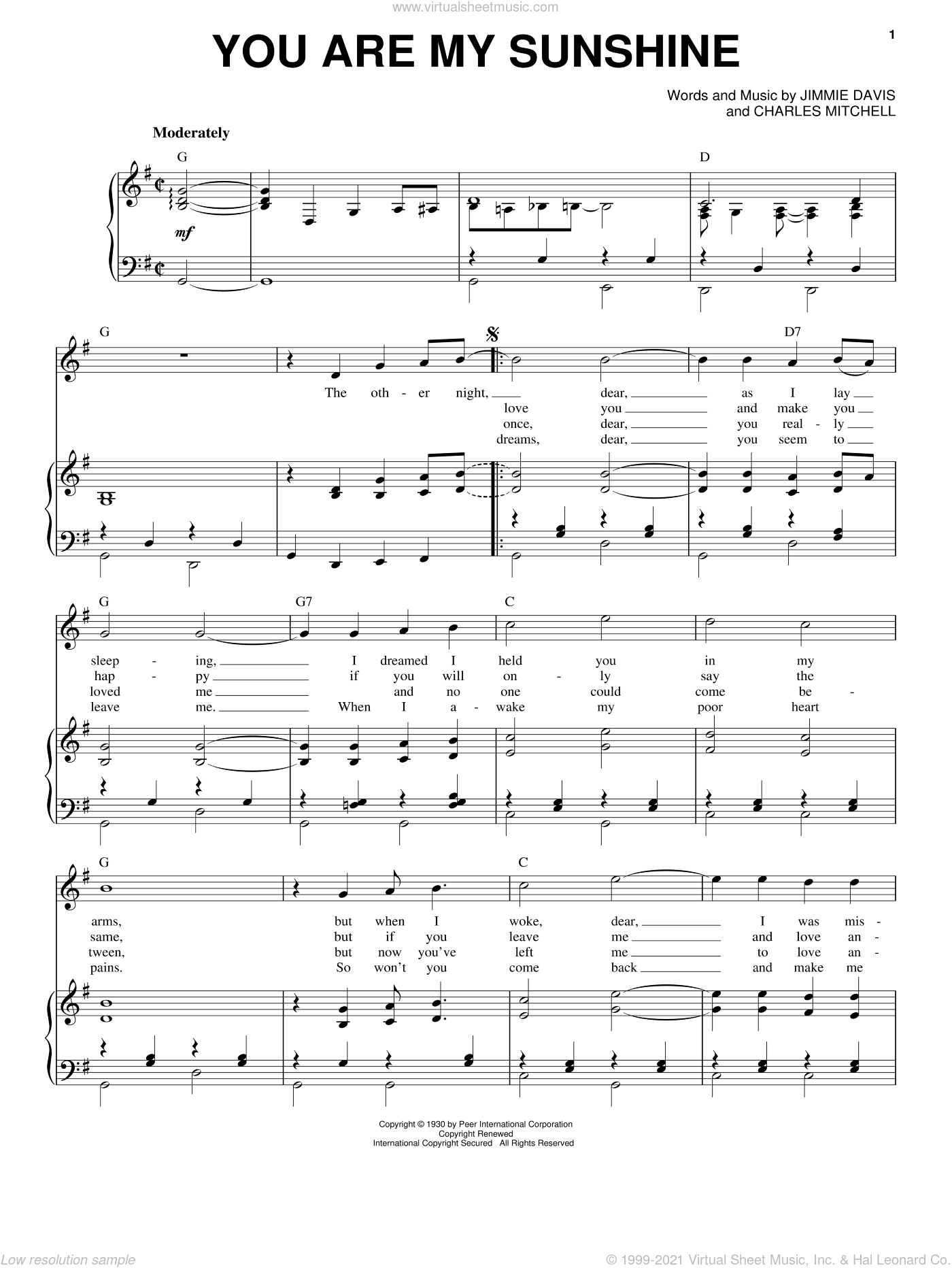 You Are My Sunshine Sheet Music For Voice And Piano (Pdf) pertaining to Free Printable Piano Sheet Music For You Are My Sunshine