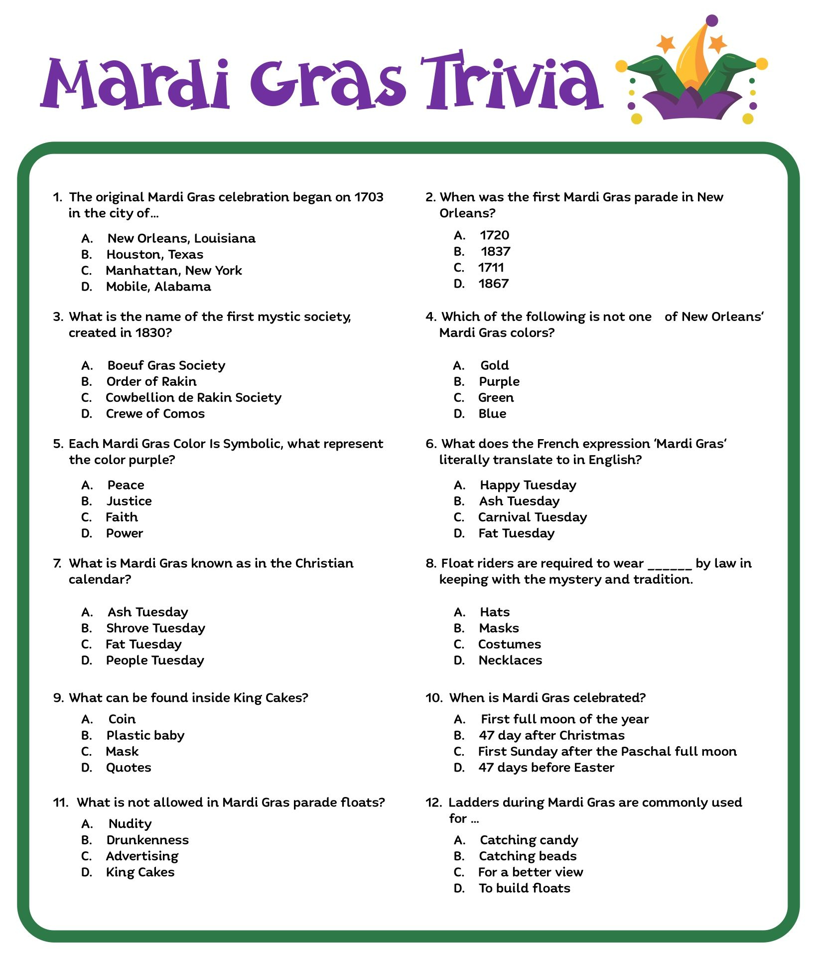 Youth Bible Trivia Questions Printable intended for Free Printable Mardi Gras Games